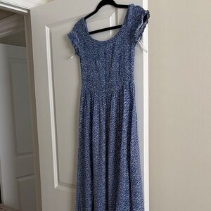 Blue Floral Smocked Off Shoulders Maxi Dress - Women